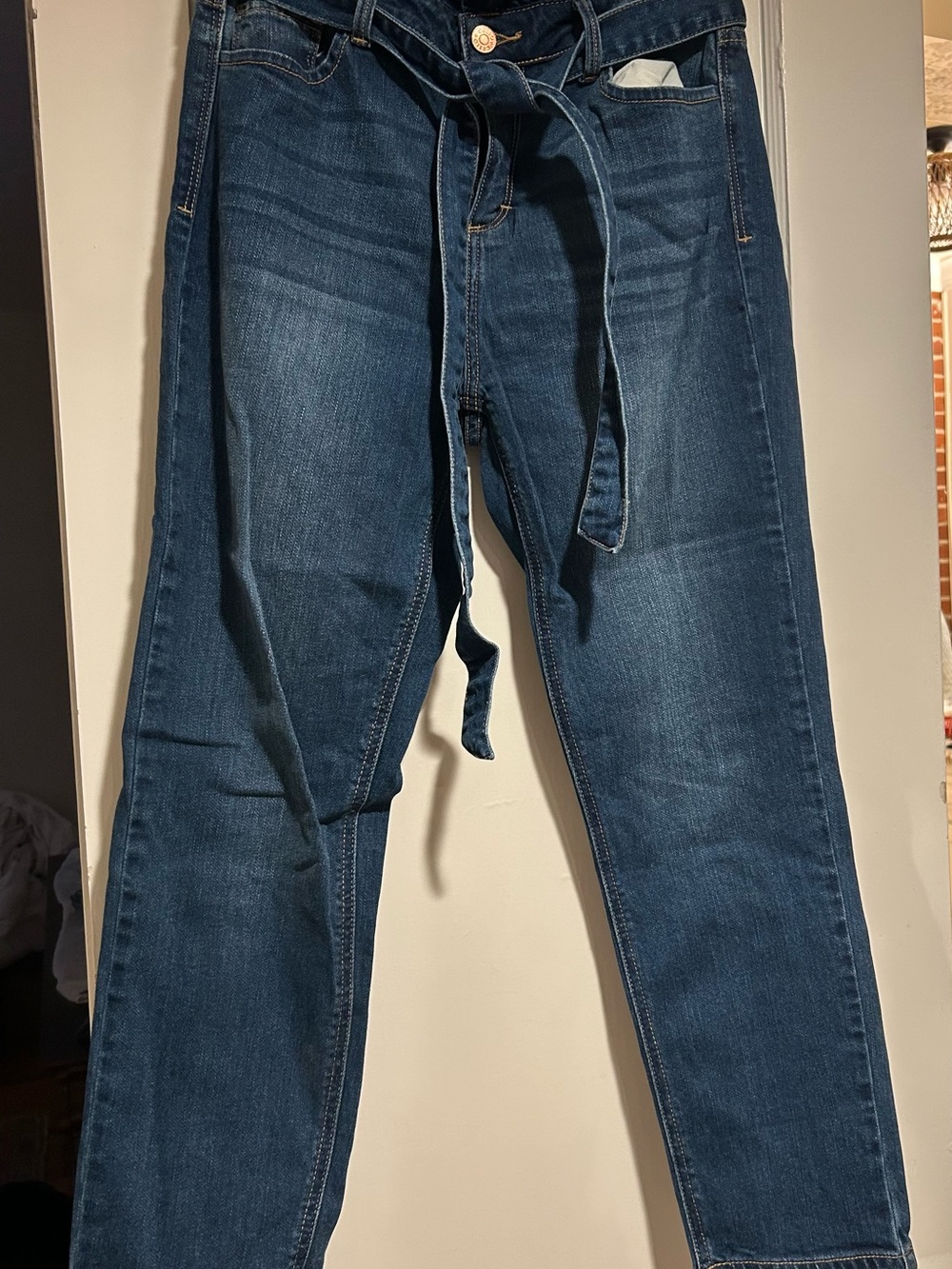 Dark Blue Women’s Stretch Denim Jeans with Waist Tie